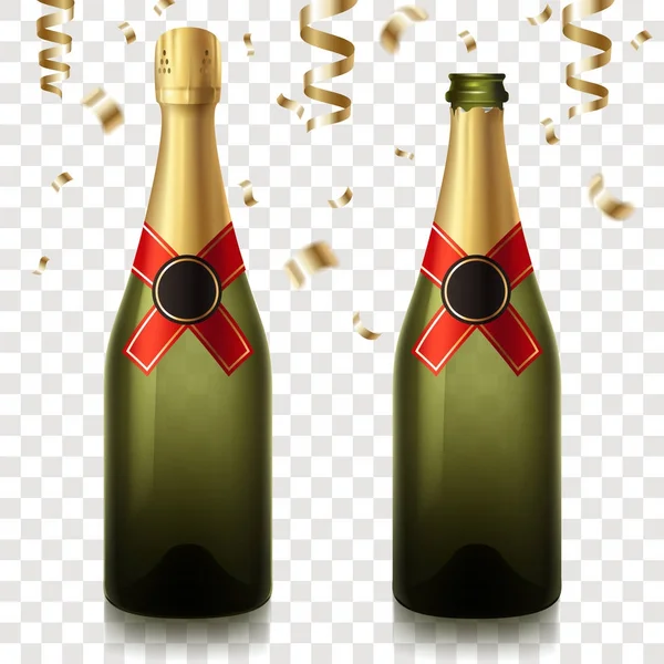 Botella realista de ilustración vectorial de champán aislado sobre fondo transparente. Champán festivo con confeti cayendo. Bebida de celebración. Eps 10 — Vector de stock