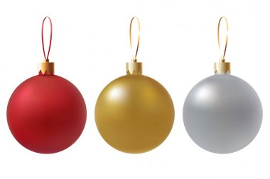 Vektör Noel topları izole üzerinde beyaz şeffaf arka plan ayarlayın. Kırmızı, altın, gümüş renkler. Gerçekçi Noel süsleri. Geleneksel yeni yıl tatil unsuru. EPS 10