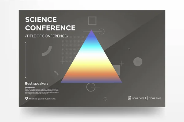 Wetenschap Conferentie uitnodiging concept. Driehoek met regenboog kleurovergang, zachte pastel kleuren. Futuristische achtergrond met geometrische vormen. Sjabloon voor spandoek, webpagina's, poster, flyer, tijdschriftpagina. — Stockvector