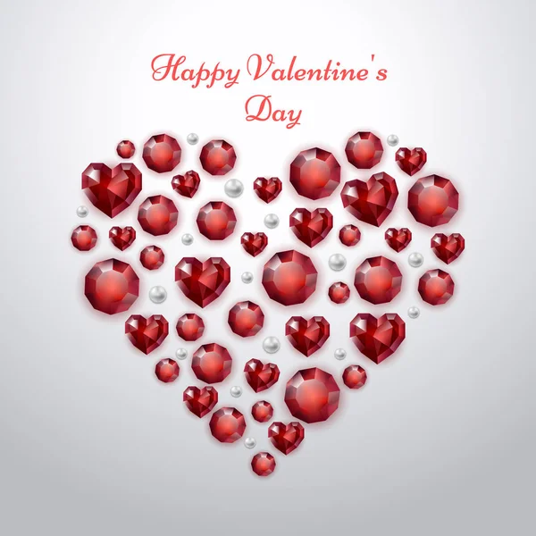 Tarjeta de felicitación de San Valentín con corazón rojo sobre fondo blanco. Corazón hecho de piedras preciosas y perlas. Ilustración festiva para el 14 de febrero. Vector eps 10 . — Vector de stock