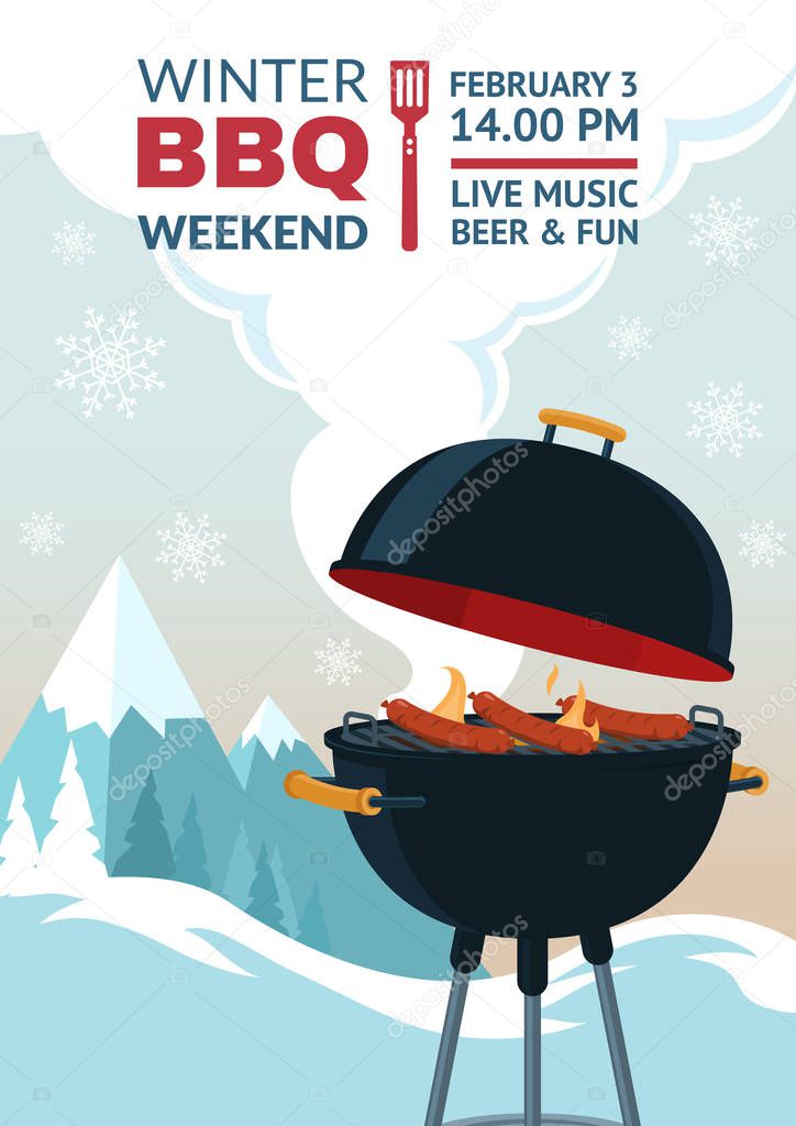 Winter barbecue party invitation. BBQ weekend on winter background. Grill illustration in snowy mountains. Cartoon design for flyer, menu, poster, announcement. Vector eps 10.