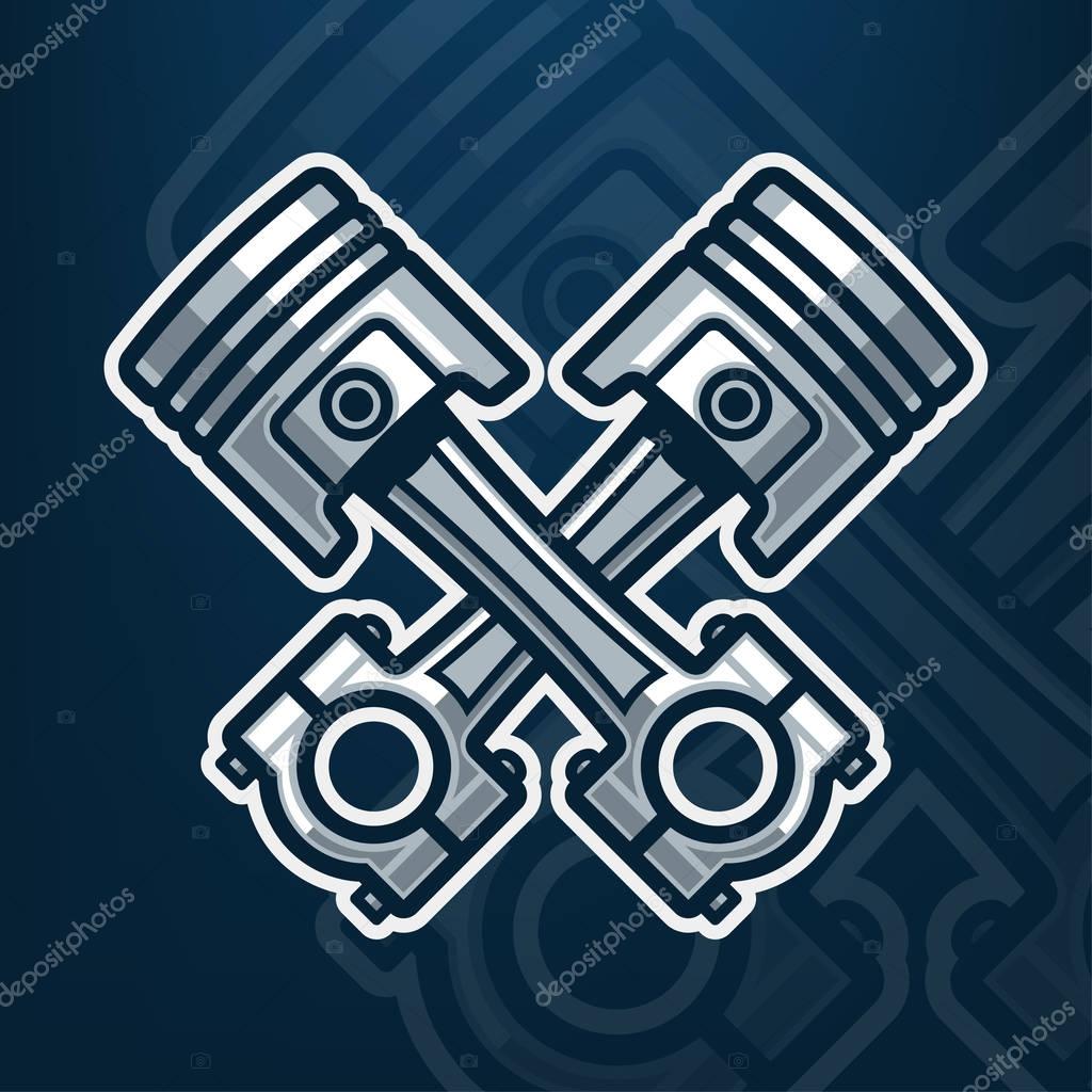 Motor pistons vector illustration. Engine pistons logo. Emblem for car service or custom garage. Isolated on dark blue background. Eps 10