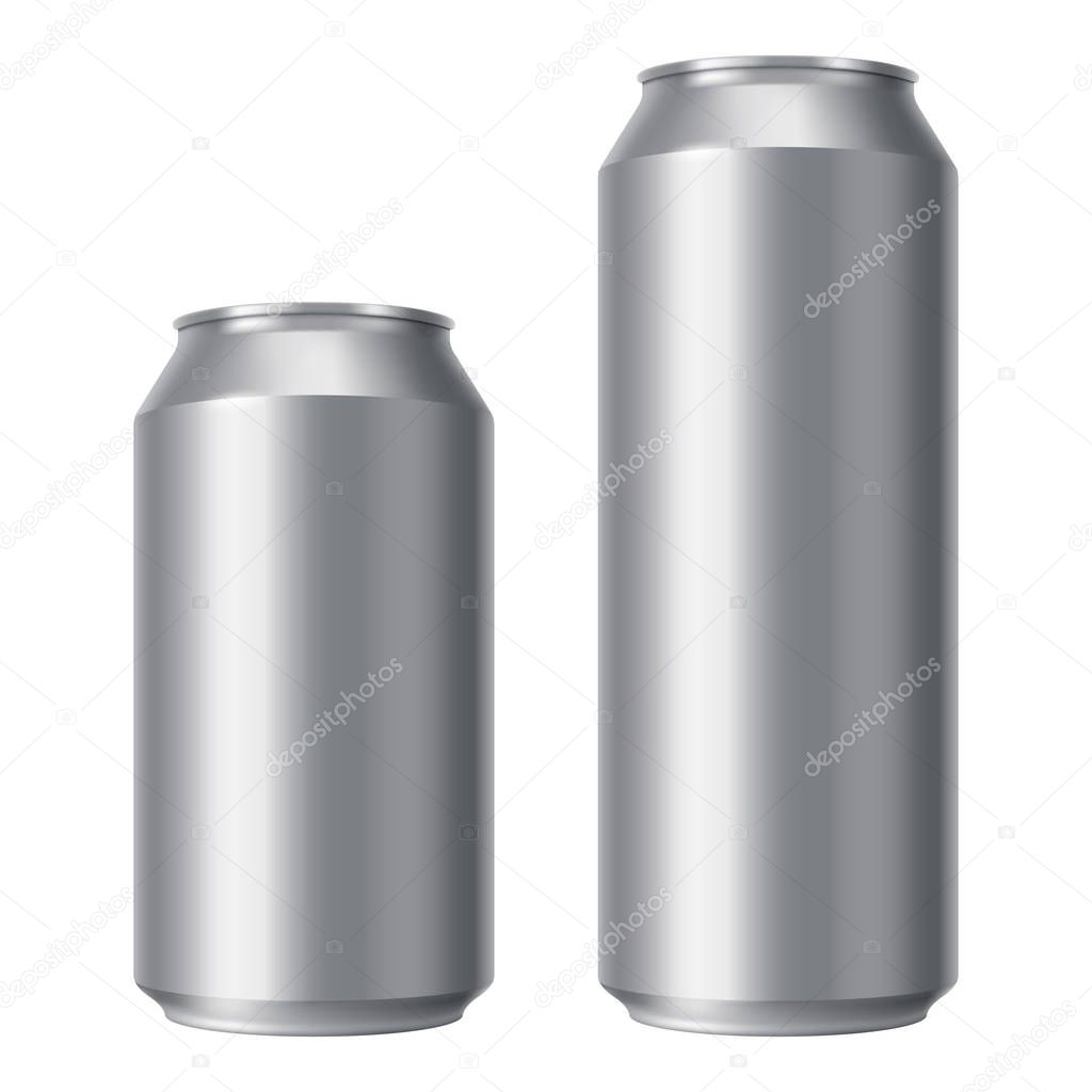 Blank beer can mock up. Small and Big Aluminium soda can isolated on white background. Realistic Drink packaging for branding and presentation of your design. Front view. Vector eps 10.
