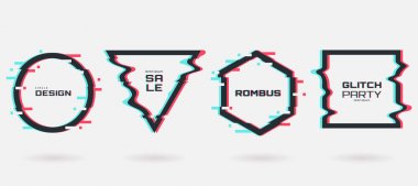Vektör aksaklık çerçeveleri ayarlayın. Geometrik şekiller Tv distorsiyon etkisi ile. Daire, üçgen, rhombus ve kare vhs aksaklık etkisi ile. Banner tasarımı, davet, parti el ilanı vb. için geçerli.