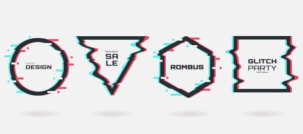 Conjunto de quadros de falha vetorial. Formas geométricas com efeito de distorção de TV. Círculo, triângulo, losango e quadrado com efeito de falha de vhs. Aplicável para design de banner, convite, panfleto do partido etc . —  Vetores de Stock