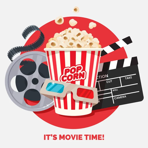 Film zaman vektör çizim. Sinema posteri kavramı kırmızı yuvarlak zemin üzerine. Patlamış mısır, Klaket, 3d gözlük ve film şeridi ile kompozisyon. Sinema için sinema afiş tasarım.