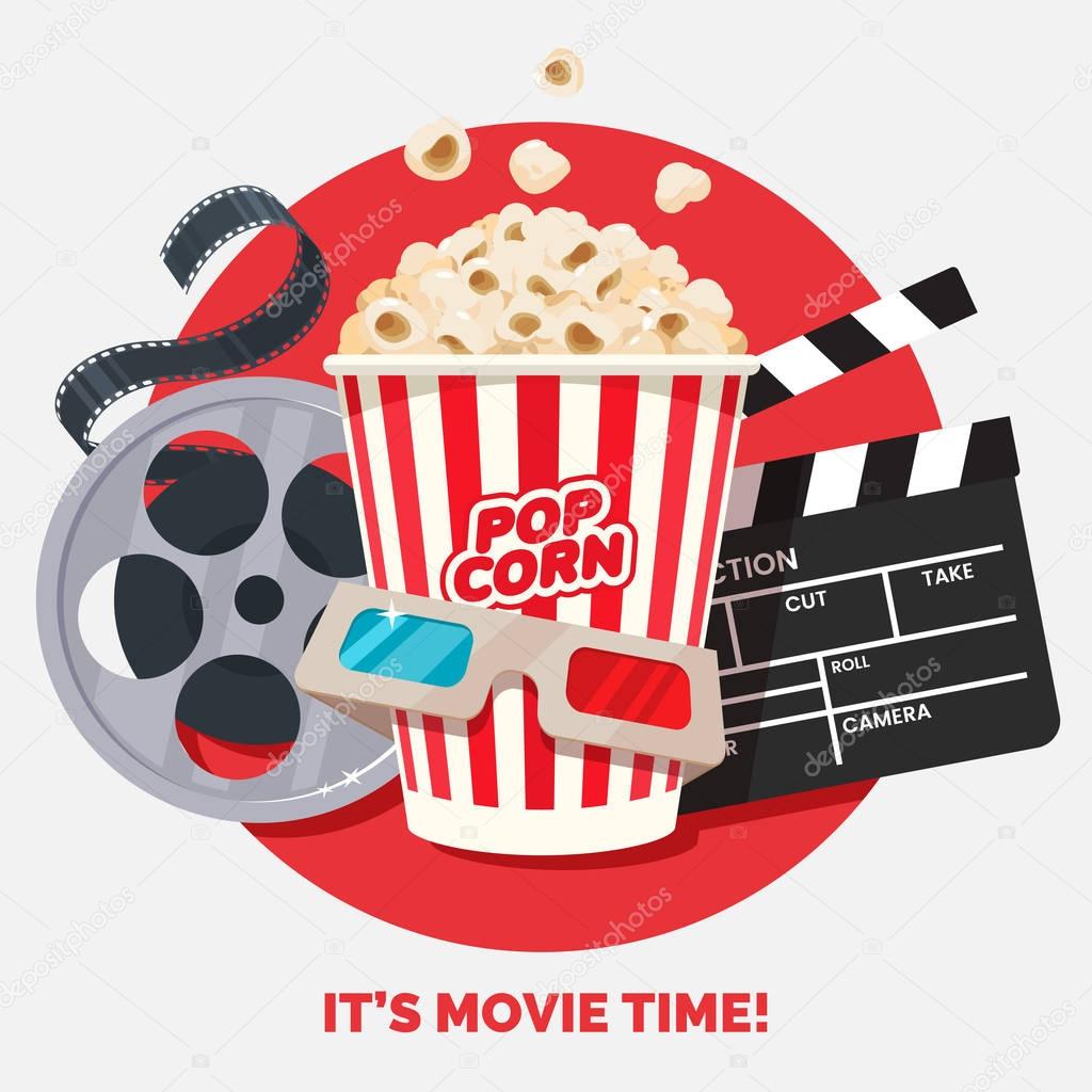 Movie time vector illustration. Cinema poster concept on red round background. Composition with popcorn, clapperboard, 3d glasses and filmstrip. Cinema banner design for movie theater.