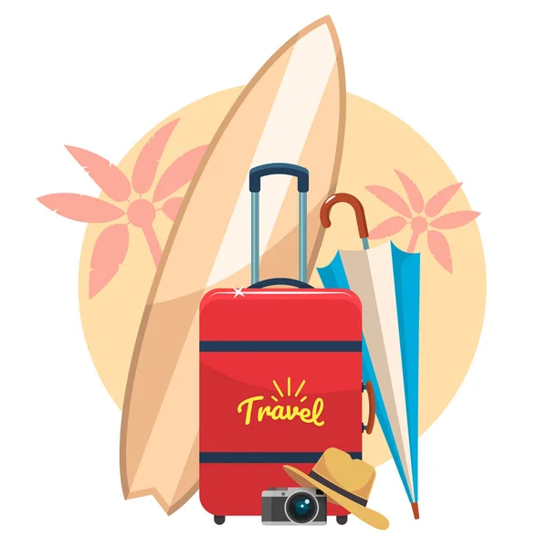 Turist bavul, kamera ve şapka, sörf tahtası, plaj şemsiyesi. Tatil düz illüstrasyon. Öznitelikleri tropikal ülkelere seyahat. Seyahat tasarımınız için öğe. Vektör eps 10. — Stok Vektör