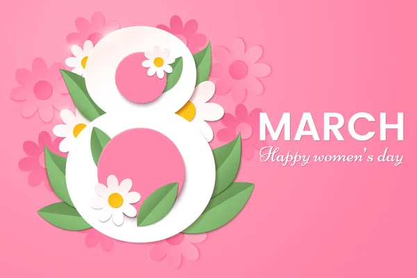 8 March. Happy Womens day greeting card with decor of paper cut spring flowers and leafs. Number 8 in the style of cut paper. Applicable for web banner, flyer, cards and invitation. — Stock Vector