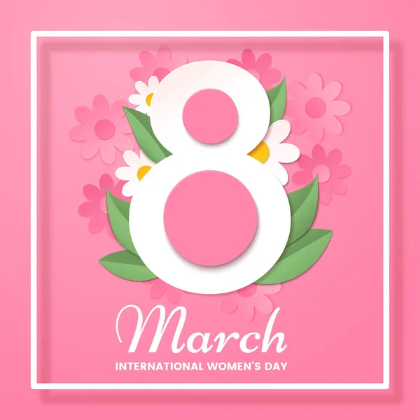 8 March. International Womens day greeting card with decor of paper cut spring flowers, leafs. Number 8 in the style of cut paper. Applicable for web banner, flyer, cards and invitation. — Stock Vector
