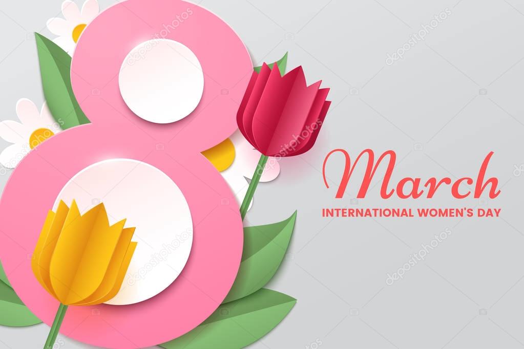 8 March. Womens day vector greeting card with decor of paper cut tulips, chamomiles and leafs. Number 8 in the style of cut paper. Applicable for web banner, flyer, cards and invitation.