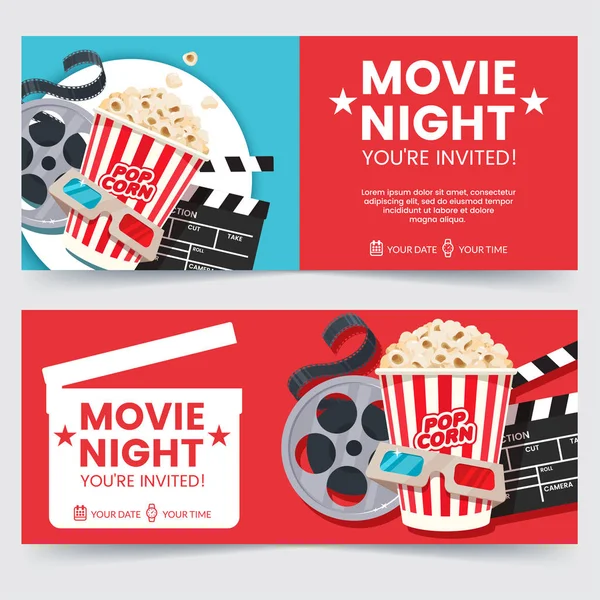 Sinema biletleri kavram tasarlayın. Film gece davet. Sinema poster şablonu. Patlamış mısır, Klaket, 3d gözlük ve film şeridi ile kompozisyon. Sinema için afiş tasarımı.