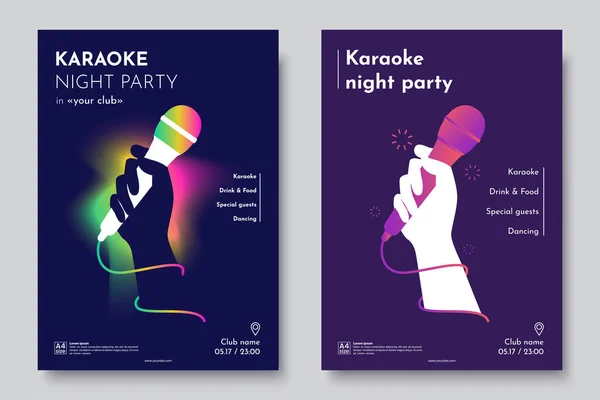 Karaoke Party Einladungsflyer Vorlage. Handsilhouette mit Mikrofon auf einem abstrakten dunklen Hintergrund. Konzept für eine Werbefirma für einen Nachtclub. Kreative laden zum Plakat ein. Vektor Folge 10 — Stockvektor