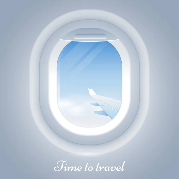 Lombar uçak vektör çizim. Uçak penceresinden mavi gökyüzü ve kanat için görüntüleyin. Seyahat zamanı geldi. Gerçekçi uçak pencere. EPS 10. — Stok Vektör