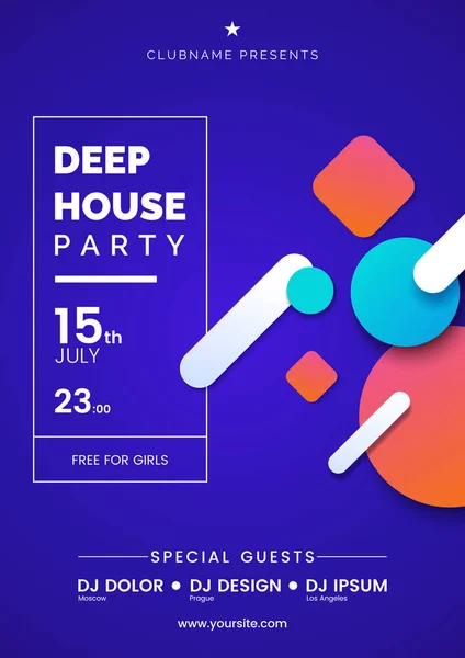 Deep House Party a4 Einladungskonzept. Nachtclub Party moderne Flyer. blauer Farbverlauf Hintergrund mit Bewegung geometrischen bunten Formen. Konzept des Musikplakats. Vektor Folge 10. — Stockvektor