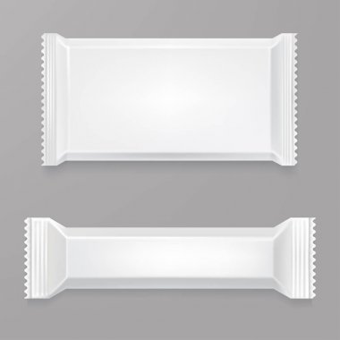 Beyaz boş çikolata mockup. Beyaz polietilen paket. Şeker çubuğu plastik wrap. Ön görünüm. Tasarım sununuz için öğe. Vektör mock-up. EPS 10.