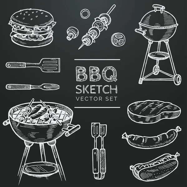 Barbekü vektör tebeşir kroki set. Çizilmiş ızgara, hamburger, şiş, sosisli sandviç, biftek, sosis ver. Doodle illüstrasyon ızgara için ayarlayın. Barbekü partisi el tasarım öğeleri çekilmiş. EPS 10