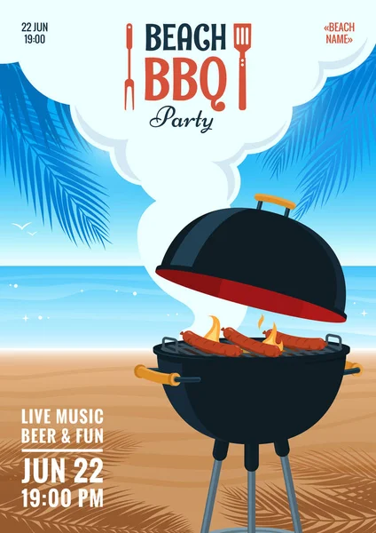 Beachbarbecue Party Einladung. Sommer-Grillparty-Flyer. Grill Illustration auf dem Hintergrund des Strandes. Entwurf für Flyer, Speisekarte, Plakat, Ankündigung. Vektor Folge 10. — Stockvektor