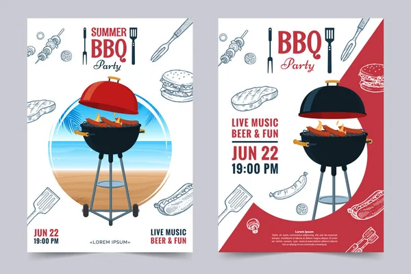 BBQ party a4 plantilla de invitación. Folleto de fin de semana de barbacoa de verano. Grill ilustración con bocetos de alimentos. Plantilla de diseño para menú, póster, anuncio. Vector eps 10 . — Vector de stock