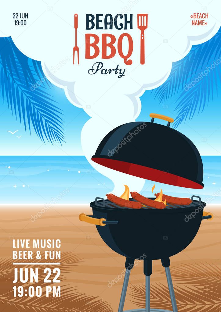 Summer bbq party poster Beach barbecue party invitation. Summer BBQ