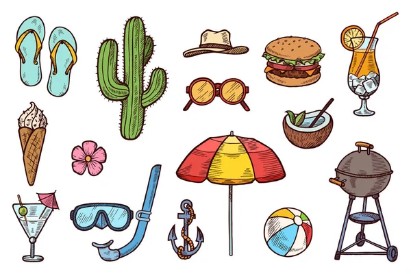 Objetos de verano dibujado a mano colorido conjunto de bocetos. Comida, cócteles, accesorios de playa, flores, cactus. Ilustración vectorial de garabatos. Elementos de diseño vacacional. Eps 10 — Archivo Imágenes Vectoriales