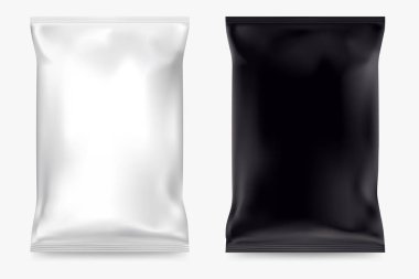 Vektör beyaz arka plan üzerinde izole cips ambalaj boş. Beyaz ve siyah ambalaj aperatifler. Ürün marka için gerçekçi boş sahte. Plastik torba mockup. EPS 10.