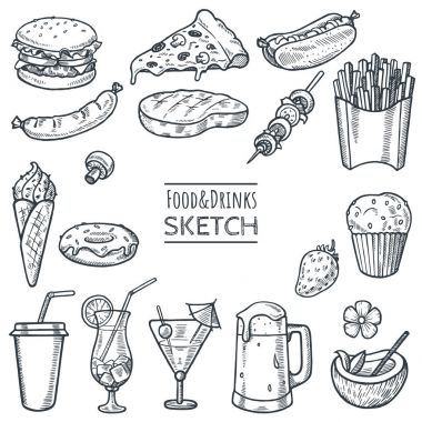 Yiyecek ve içecek elle çizilmiş kroki set vektör. El çekilmiş lokanta, içecekler, tatlılar, aperatifler. Doodle yaz menüsü Illustration. Restoran, bar cafe, menü için dekorasyon öğeleri. EPS 10