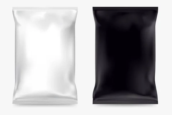 Vektör beyaz arka plan üzerinde izole cips ambalaj boş. Beyaz ve siyah ambalaj aperatifler. Ürün marka için gerçekçi boş sahte. Plastik torba mockup. EPS 10.
