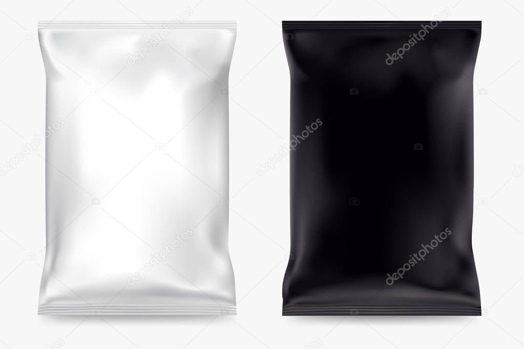 Vector blank packing chips isolated on white background. White and black packing of snacks. Realistic empty mock up for product branding. Plastic bag mockup. Eps 10.