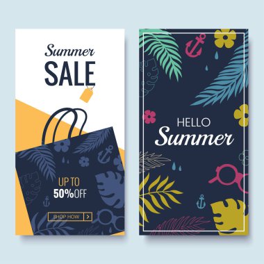 Summer sale banner template. Colorful banners with tropical palm leaves pattern. Hello Summer promotion vertical coupon. Applicable for discount flyer, roll up, poster. Vector illustration. clipart
