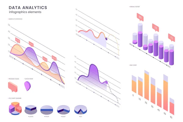 Conjunto de elementos de infografía isométrica vectorial. Diseño infográfico colorido sobre fondo blanco. Uso para la presentación de negocios, estadísticas de datos, sitio web. Diagramas decorativos, gráficos, columnas, pirámides . — Archivo Imágenes Vectoriales