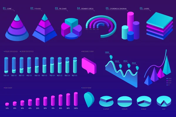 Conjunto de elementos de infografía isométrica vectorial. Diseño infográfico colorido. Elementos de diseño para presentación empresarial, estadísticas de datos, sitio web. Diagramas decorativos, gráficos, columnas, pirámides. Eps 10 — Vector de stock