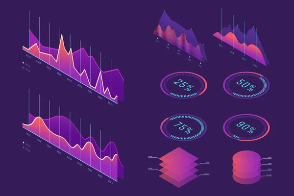 Vektör izometrik Infographic öğe kümesi. Renkli Infographic tasarım. Tasarım öğeleri iş sunumu, veri, web sitesi istatistikleri için. Dekoratif çizimleri, grafikleri, sütun, piramitler. EPS 10