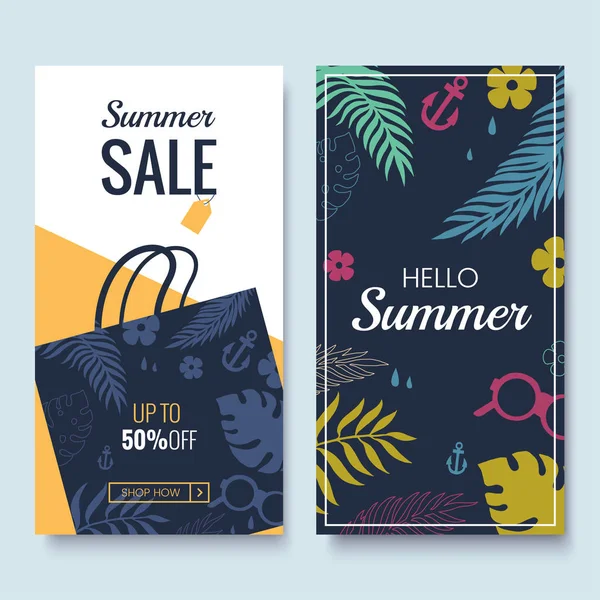 Modelo de banner de venda de verão. Bandeiras coloridas com padrão de folhas de palma tropical. Olá Summer promoção cupom vertical. Aplicável para folheto de desconto, roll up, cartaz. Ilustração vetorial . — Vetor de Stock