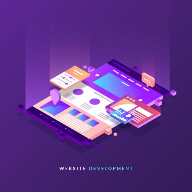 Web sitesi geliştirme vektör çizim. Renkli Web sayfası izometrik simgesi. Modern açılış sayfası. Site bina. EPS 10.