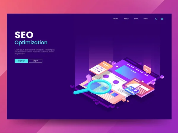 SEO Optimizasyon web sayfası şablonu. İzometrik Web arayüzü ile farklı uygulama renkli web sitesi çizimi Büyüteç altında. Modern açılış sayfası kavramı. Vektör eps 10.