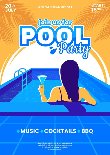 Sommaren pool party vektorillustration. Vacker ung flicka i pool med cocktail i handen. Färgglada inbjudan a4 affisch. EPS-10. — Stock vektor