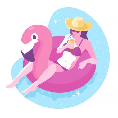 Şapkalı güzel bir kız ve şişme flamingo yüzüğünde kokteyl yüzüyor. Merhaba yaz illüstrasyonu. Mayo giymiş rahat genç bir kadın. Tasarımınız için yaz renklerinde bir element. Vektör 10