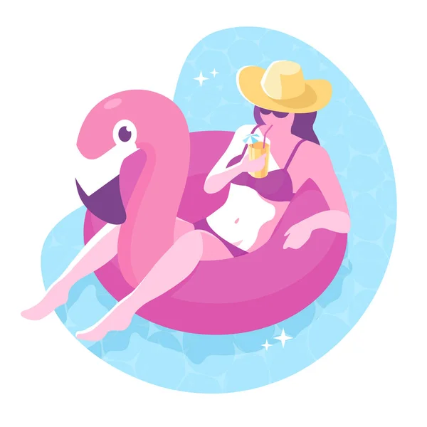 Schöne Mädchen mit Hut und Cocktail schwimmt auf aufblasbaren Flamingo-Ring. Hallo Sommer. Entspannte junge Frau im Badeanzug. Sommer buntes Element für Ihr Design. Vektor Folge 10 — Stockvektor