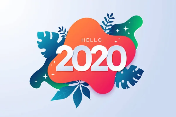 Happy new year 2020 abstract sign with tropical elements. Colorful 2020 banner in paper cut style. Geometric background with tropic leaves. Promo badge for your seasonal design.Vector illustration. — Stock Vector