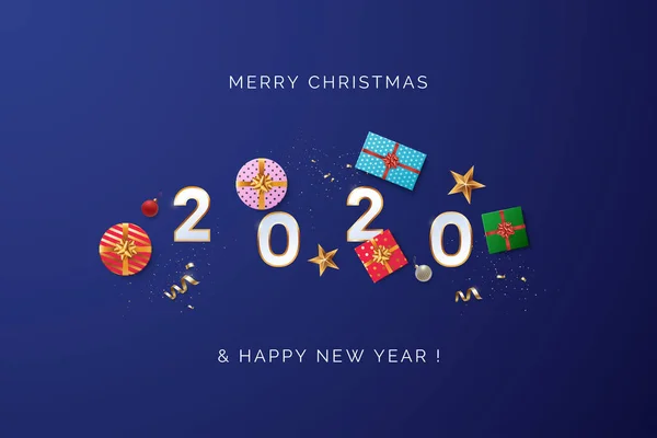 Happy new year 2020 greeting card design concept. White 2020 text with scattered Christmas gift boxes, golden confetti, and xmas balls. Top view. Blue background in minimal style. Vector illustration — Stock Vector