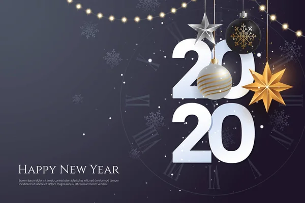 Boldog új évet 2020 üdvözlő kártya sablon másolási hely. Akasztva karácsonyi játékok és koszorúk villanykörték sötét háttérrel. Téli ünnep banner koncepció. EPS 10 vektor. — Stock Vector