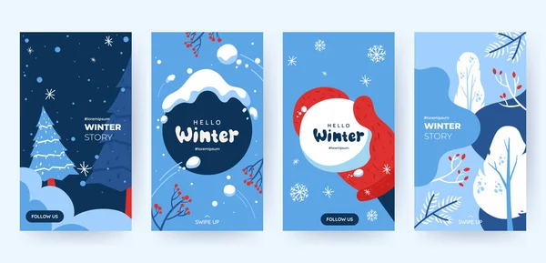 Набор абстрактных зимних фонов для статей в социальных сетях. Красочные зимние плакаты с падающими снежинками, снежными деревьями. Зимние сцены. Используйте для приглашения на мероприятие, скидочного купона, рекламы. Вектор EPS 10 — стоковый вектор