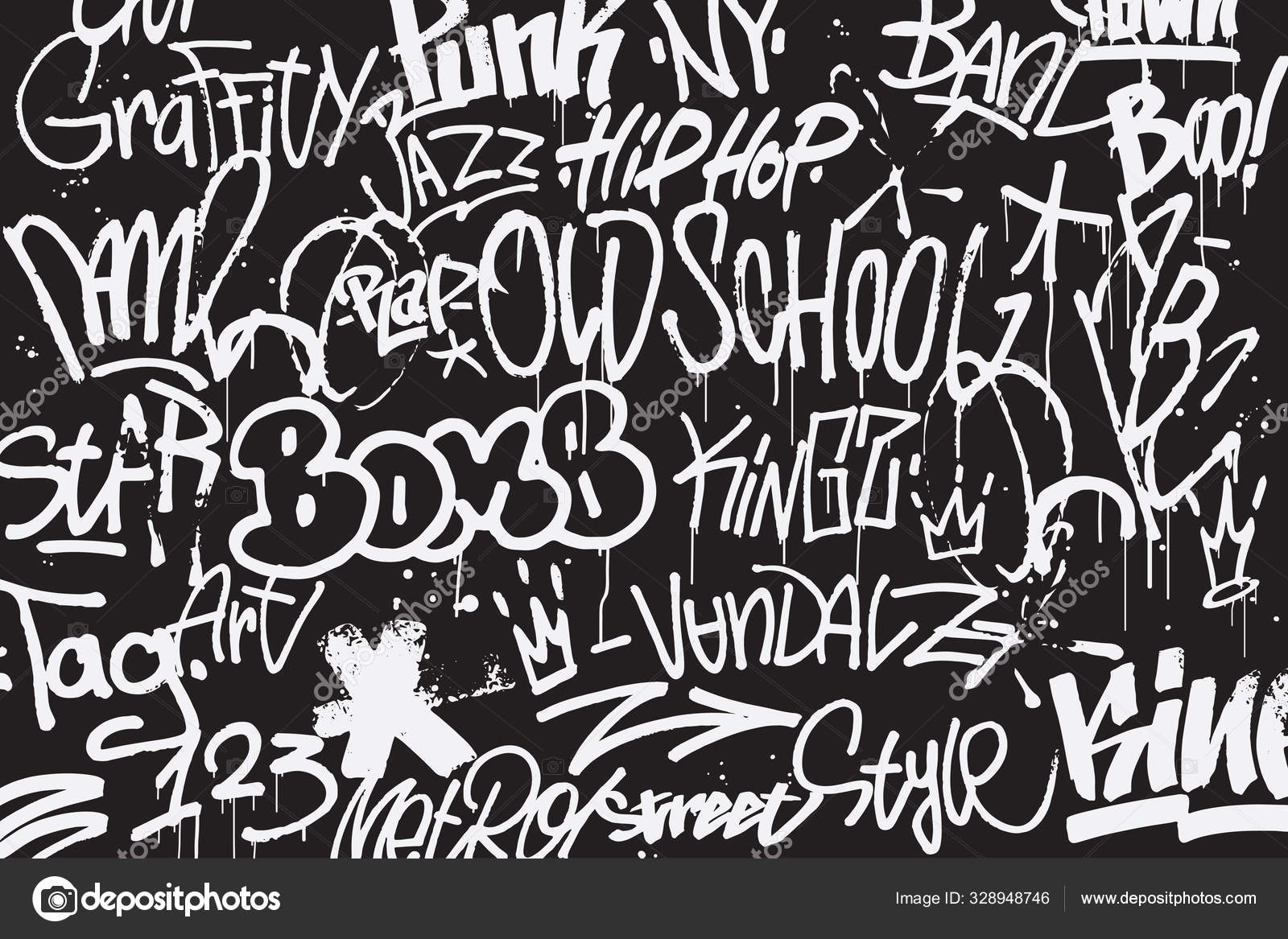 Graffiti tags background in black and white colors. Graffiti texture in