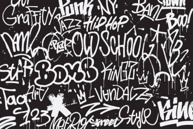Graffiti etiketleri arka planda siyah beyaz renklerde. Elle çizilmiş grafiti dokusu. Eski sokak sanatı. Tişört tasarımı, tekstil, afiş için unsur. Vektör illüstrasyonu