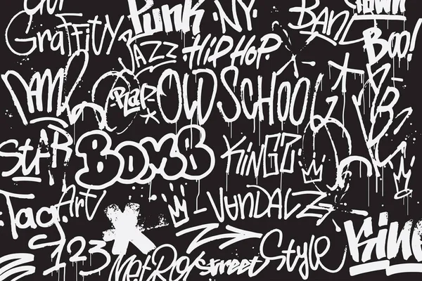 Graffiti tags background σε ασπρόμαυρα χρώματα. Γκράφιτι υφή στο χέρι που στυλ. Παλιά τέχνη του δρόμου. Στοιχείο για σχεδιασμό t-shirt, ύφασμα, λάβαρο. Εικονογράφηση διανύσματος — Διανυσματικό Αρχείο