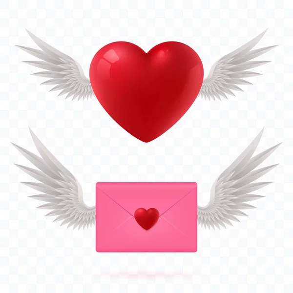 Corazón rojo brillante con alas de ángel. Sobre postal rosa San Valentín con alas blancas. Símbolos de amor, boda. Objetos decorativos de San Valentín. Elementos para su diseño. Ilustración vectorial . — Archivo Imágenes Vectoriales