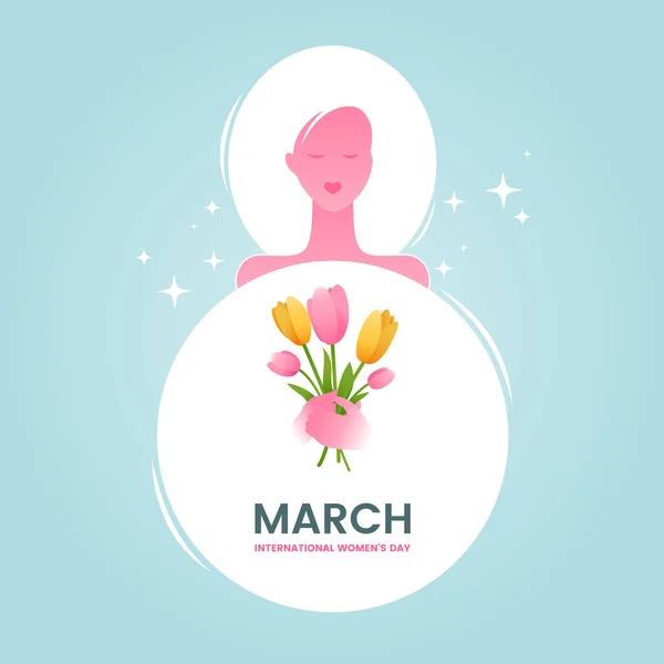 Diseño internacional de tarjetas de felicitación para el día de la mujer. Hermosa mujer con un ramo de tulipanes en forma de número 8. Banner de felicitación en colores pastel. Ilustración vectorial . — Vector de stock