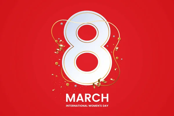 8 March International women's day greeting card design. Big number 8 with golden confetti. Red background. Minimalistic style. Applicable for web banner, postcard, poster. Vector illustration. — Stock Vector