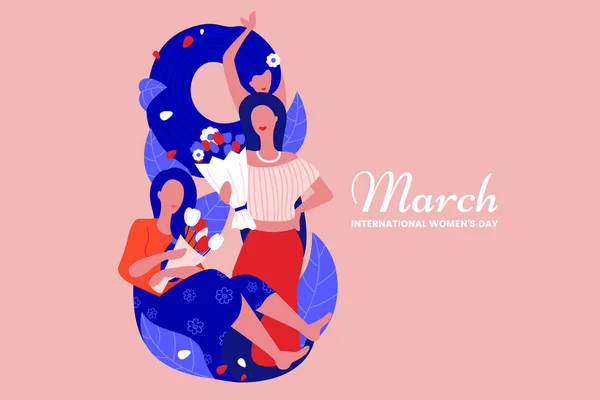 8. března ilustrace s krásnými dívkami s kyticí květin v plochém stylu. Creative international women 's day greeting card. Návrh plakátu blahopřání. Vektorová ilustrace. — Stockový vektor